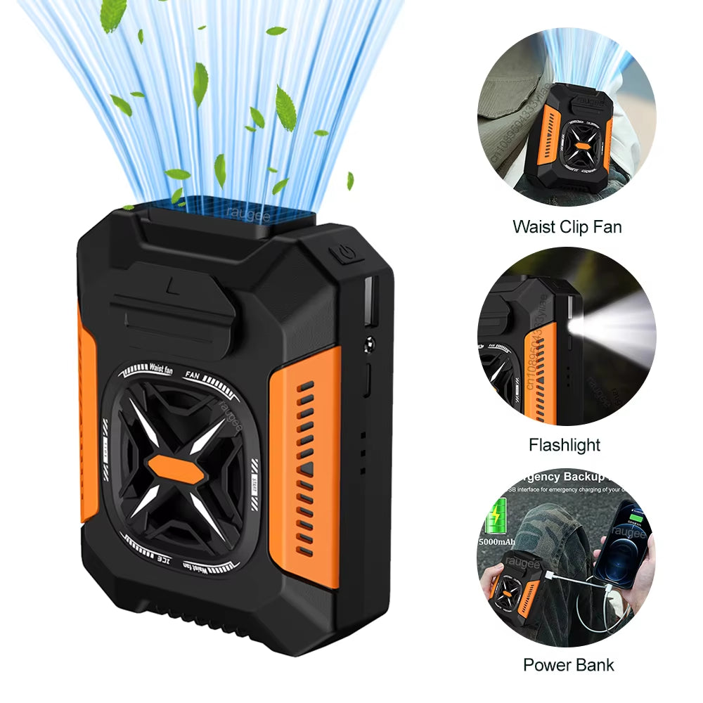 Portable Waist Fan USB Rechargeable Portable Fan Mini Air Cooler Outdoor Working Camping Waisted Clip Fan Power Bank LED Light